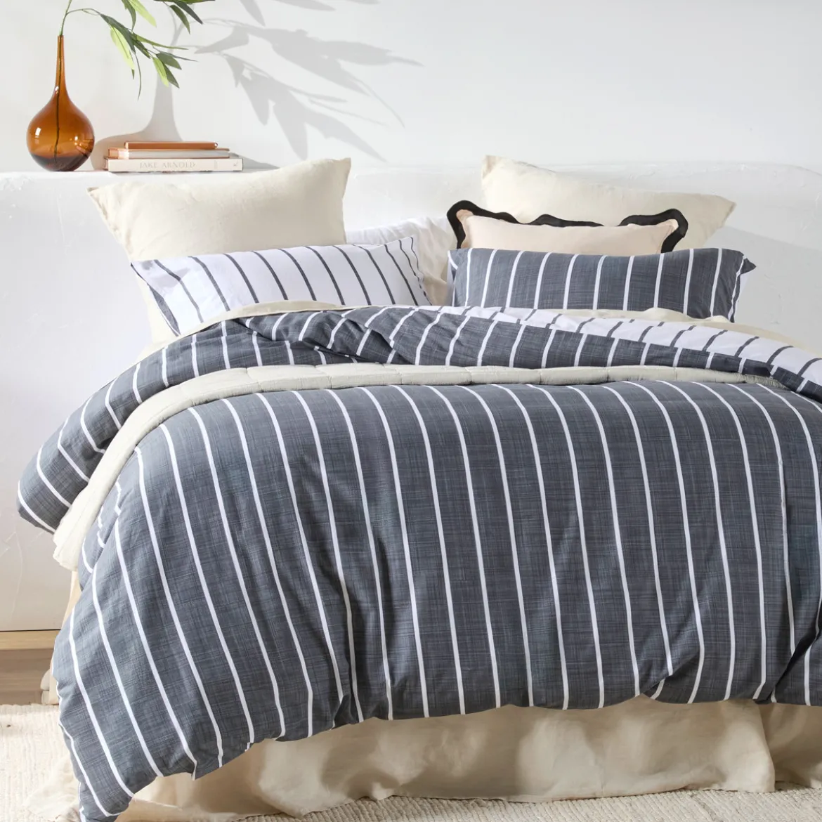 Adria Reversible Charcoal Stripe Quilt Cover Set