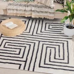 Farrah Black Geometric Tufted Cotton Floor Rug
