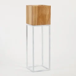 Manly Wooden Decorative Pot on White Metal Stand