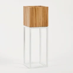 Manly Wooden Decorative Pot on White Metal Stand