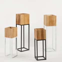 Manly Wooden Decorative Pot on White Metal Stand