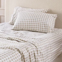 Natural Gingham Cotton Flannelette Sheet Set