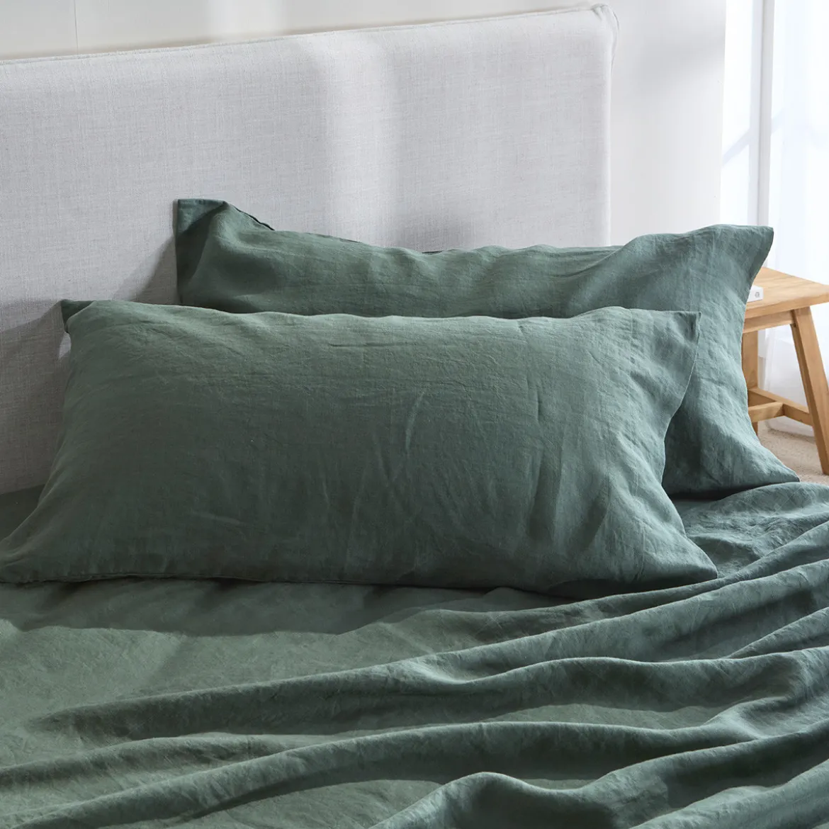 Washed Linen Dark Green King Pillowcase Pair