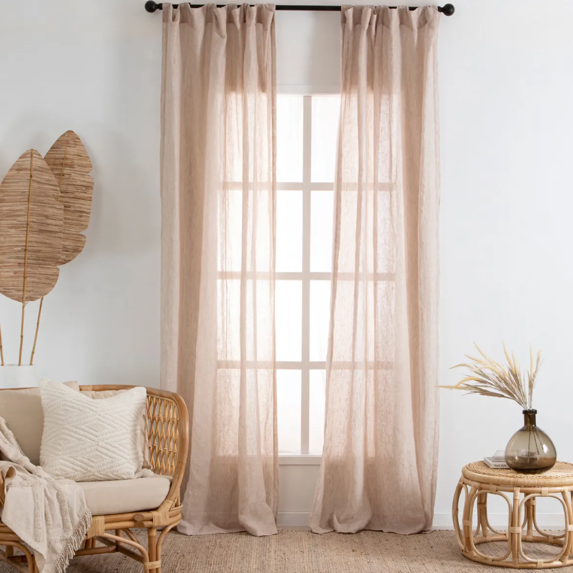 Washed Linen Natural Sheer Curtain Pair 140x250cm